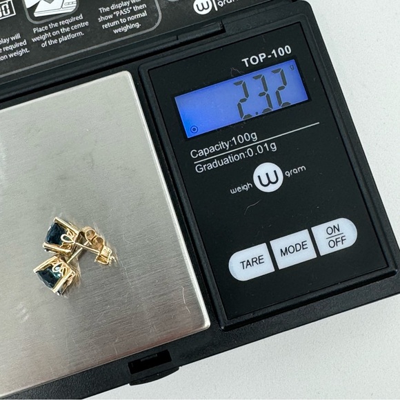 RGE 10K Gold Brilliant Cut London Blue Topaz Scroll Stud Earrings - Picture 8 of 9